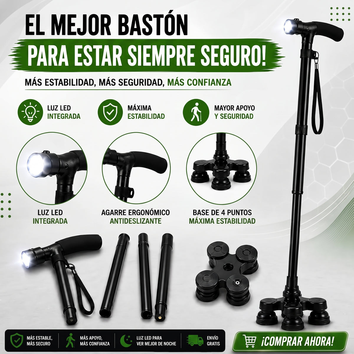 🦯 Bastón Ortopédico + Luz LED — Tu Mejor Apoyo para una Recuperación Más Segura