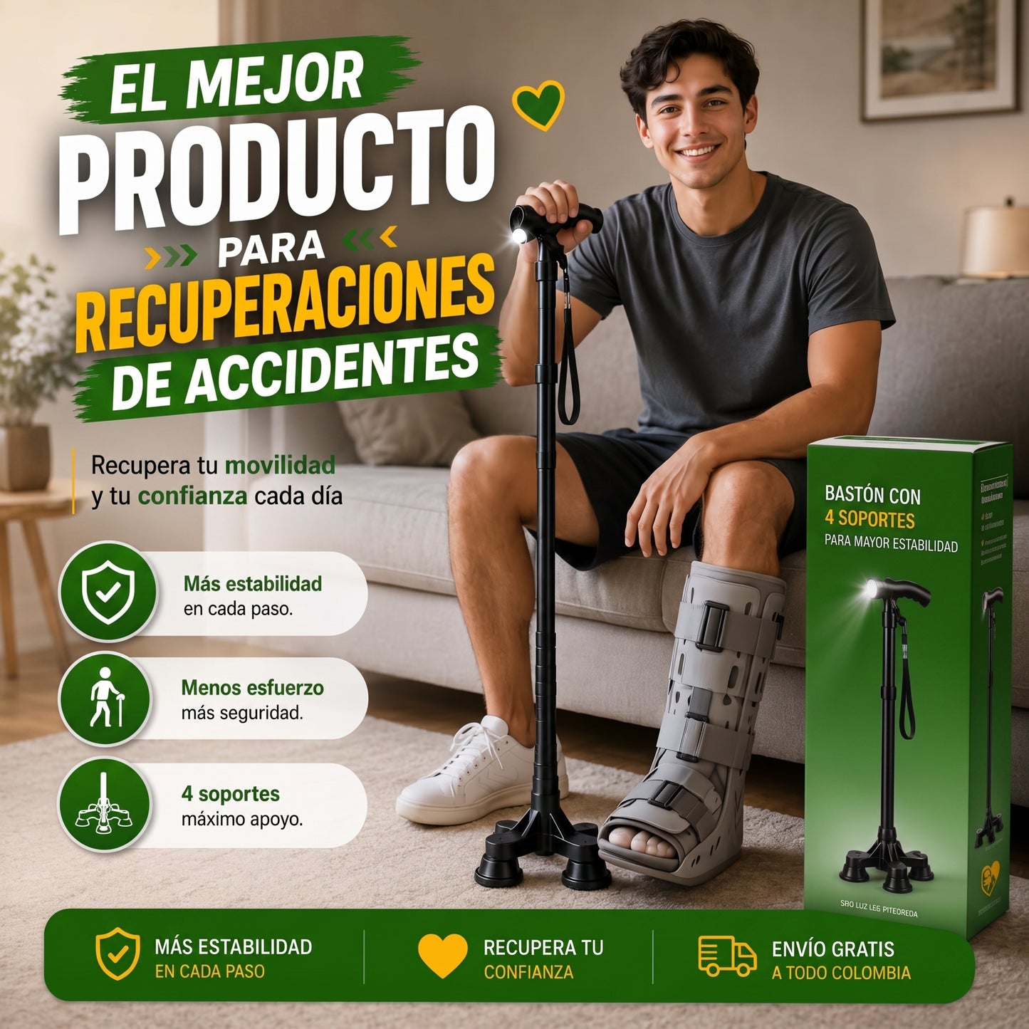🦯 Bastón Ortopédico + Luz LED — Tu Mejor Apoyo para una Recuperación Más Segura